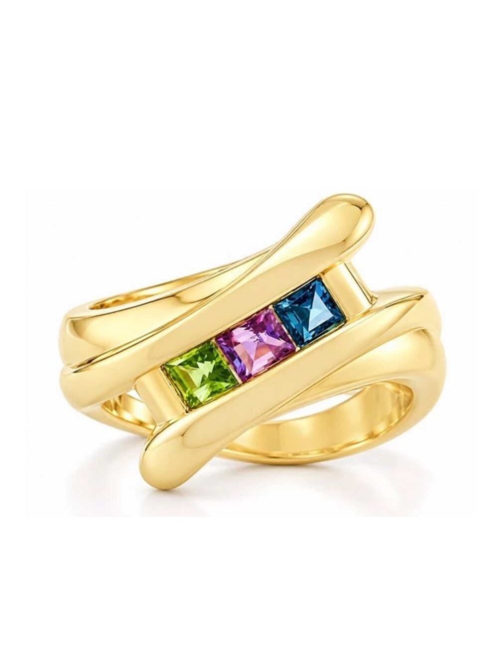 Genuine Amethyst, Peridot & Blue Zircon Ring 10k Gold